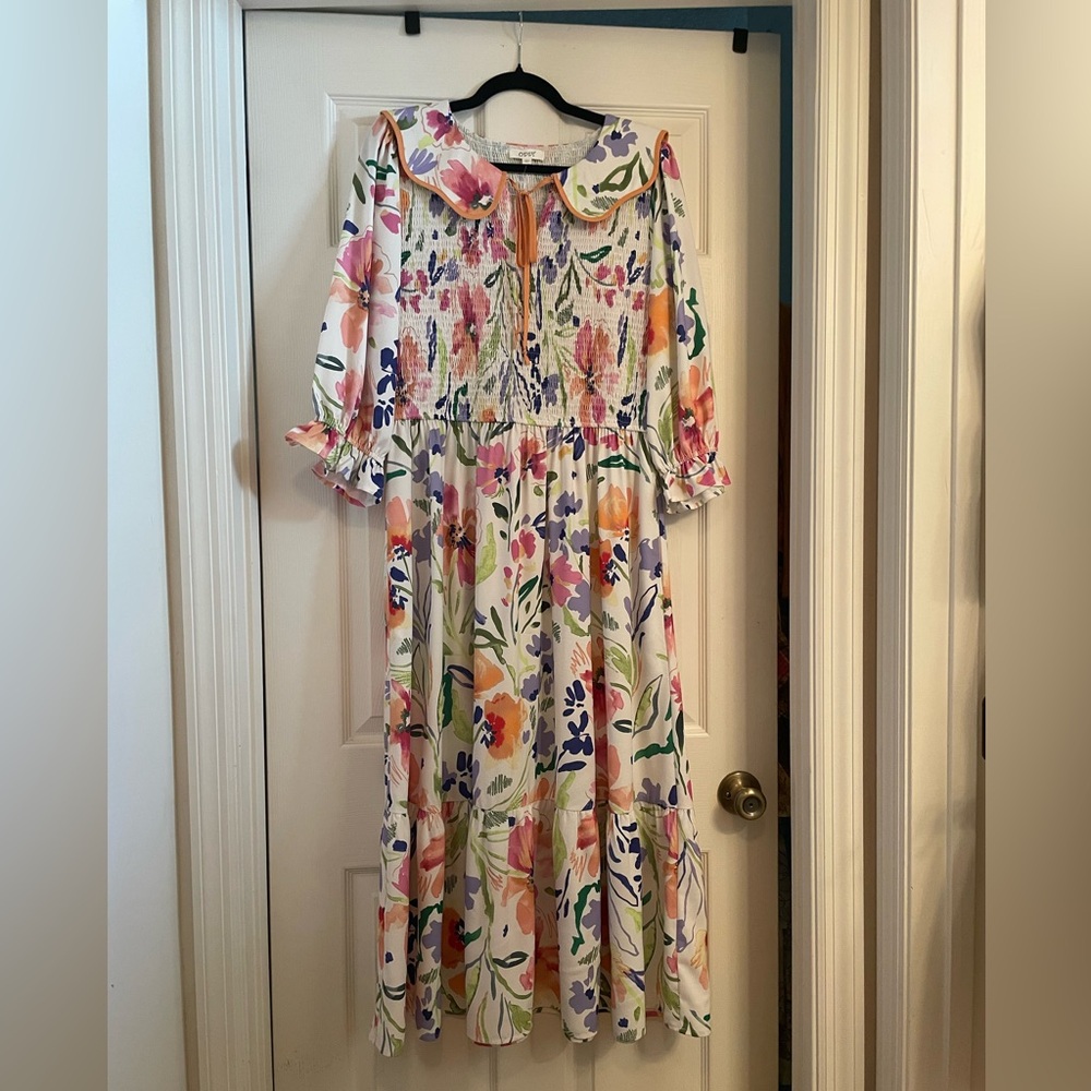 Floral Smocked Maxi Dress in White with Pink & Orange Accents Oddi 1XL NWOT